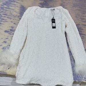 Fashion Nova White Sheath Dress with V-Neck and Bishop Sleeves